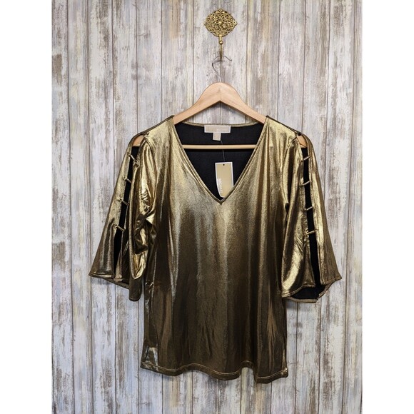 Michael Kors Gold Shimmer Top M Antique Brass Party Holiday New Years NWT $110 - Picture 1 of 10